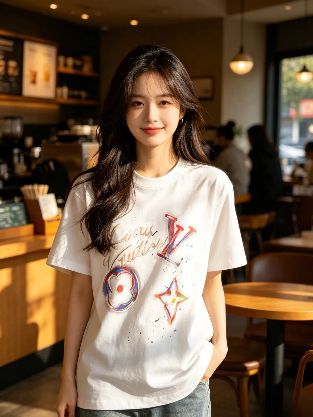 Louis Vuitton/Louis Vuitton oil painting handwritten signature embossed short sleeves